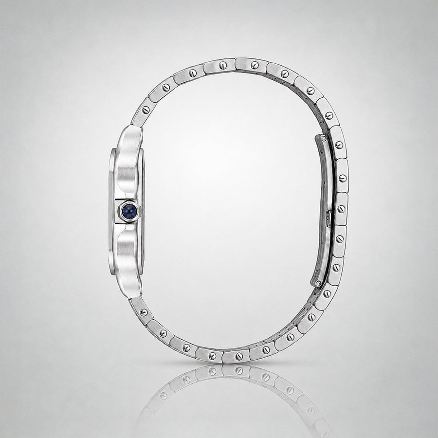 EPOCH 1987 Santos, stainless steel square watch with white Roman dial and blue hands — architectural view
